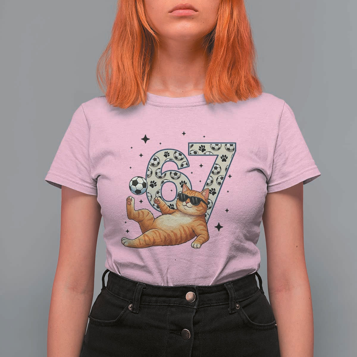 Funny Cat Playing Soccer T Shirt For Women Six Seven Meme