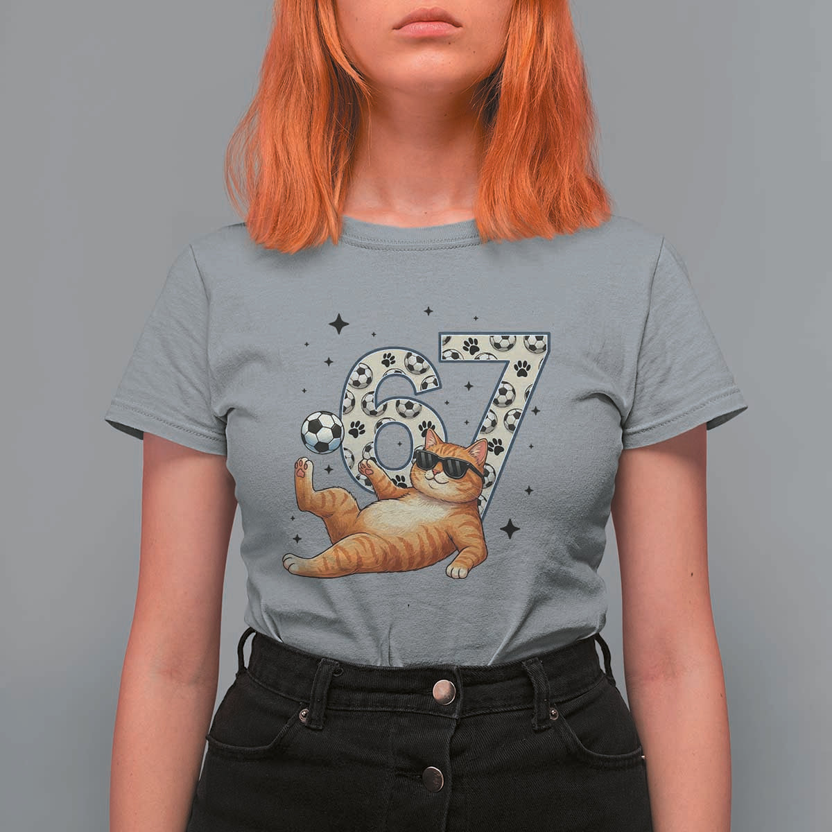 Funny Cat Playing Soccer T Shirt For Women Six Seven Meme