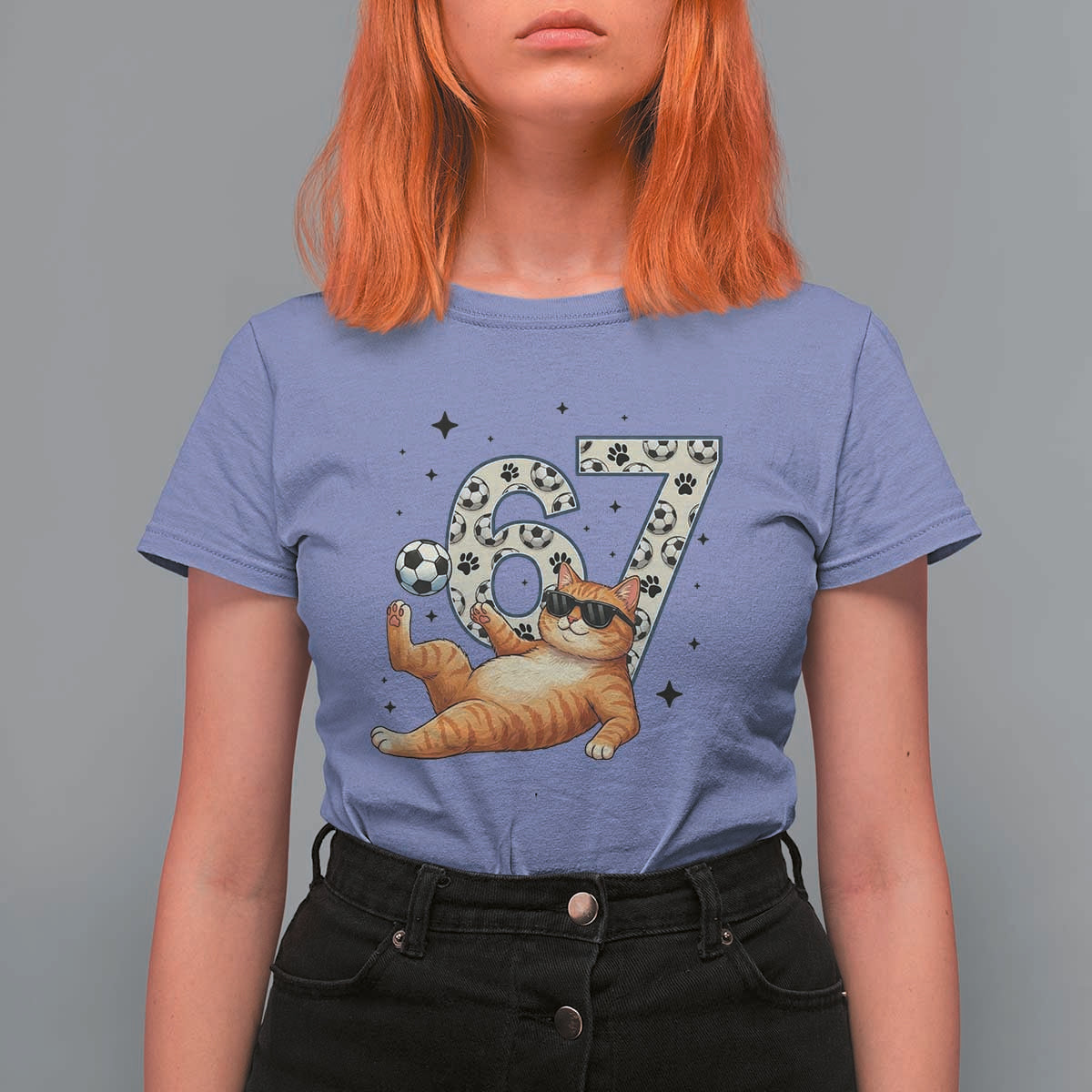 Funny Cat Playing Soccer T Shirt For Women Six Seven Meme