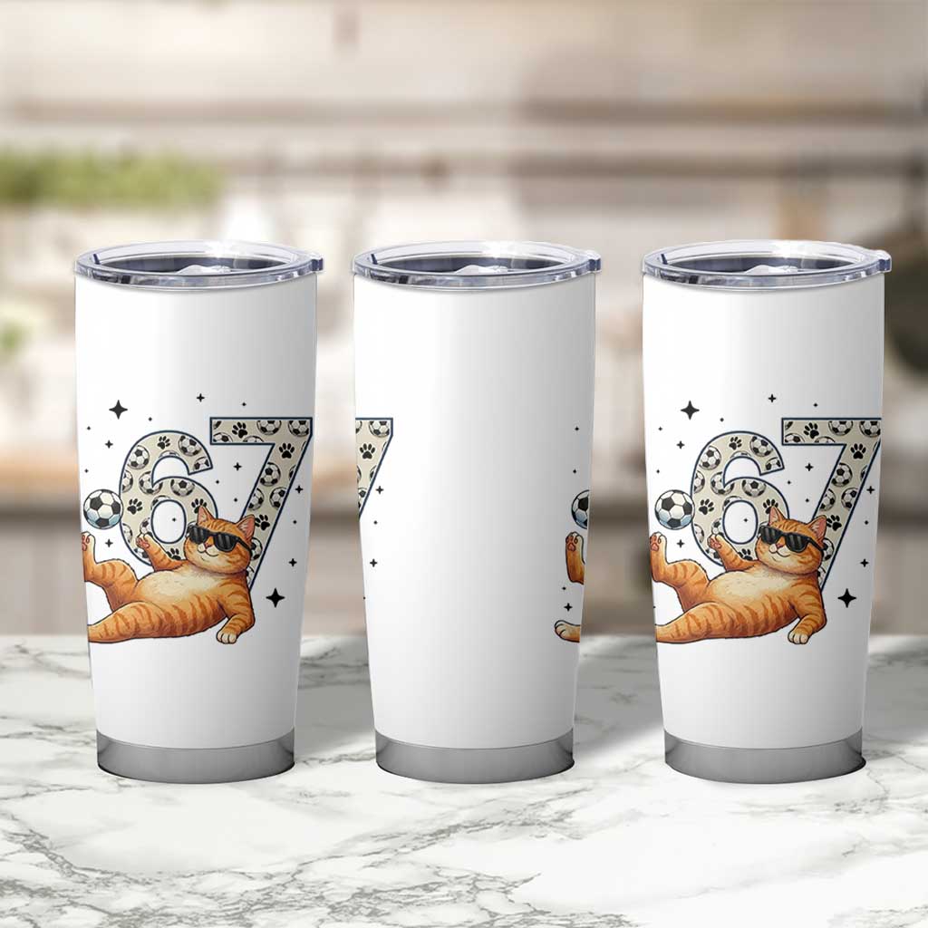 Funny Cat Playing Soccer Tumbler Cup Six Seven Meme