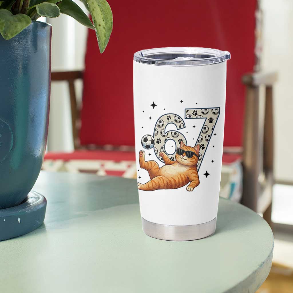 Funny Cat Playing Soccer Tumbler Cup Six Seven Meme