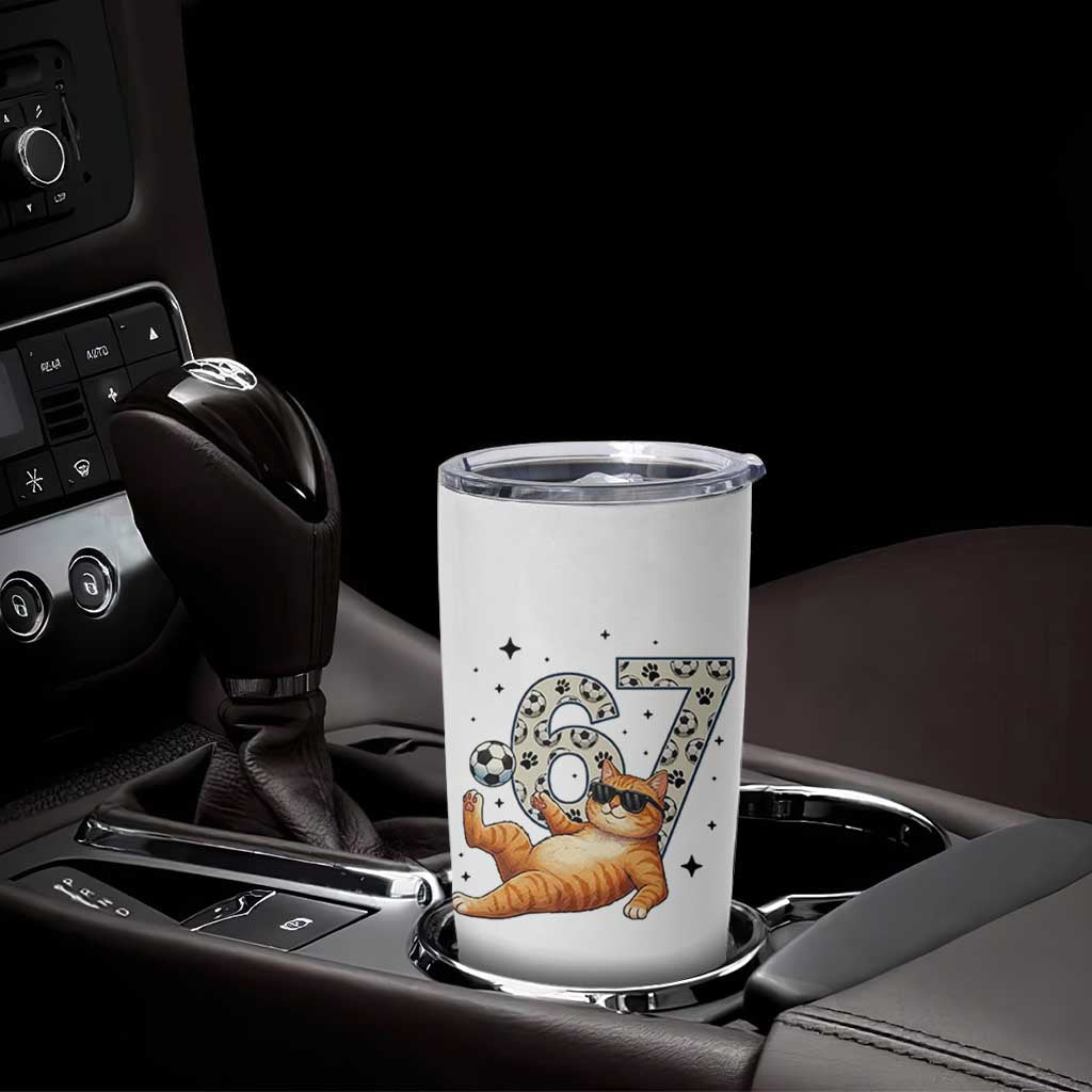 Funny Cat Playing Soccer Tumbler Cup Six Seven Meme