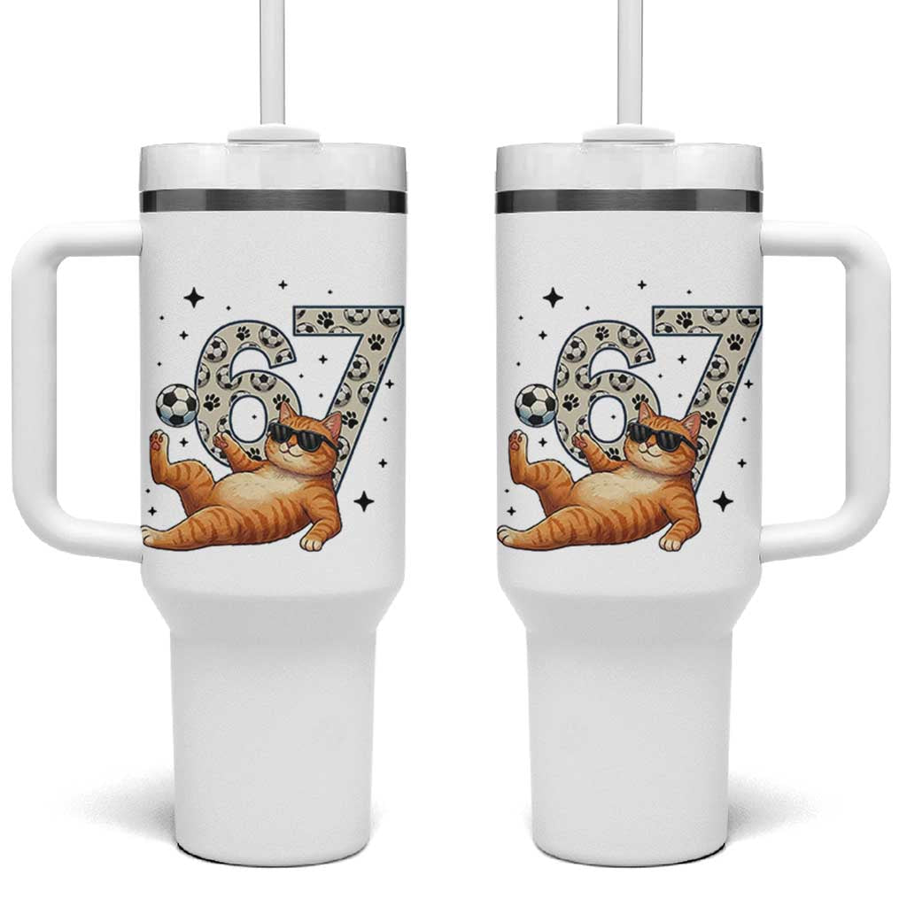 Funny Cat Playing Soccer Tumbler With Handle Six Seven Meme