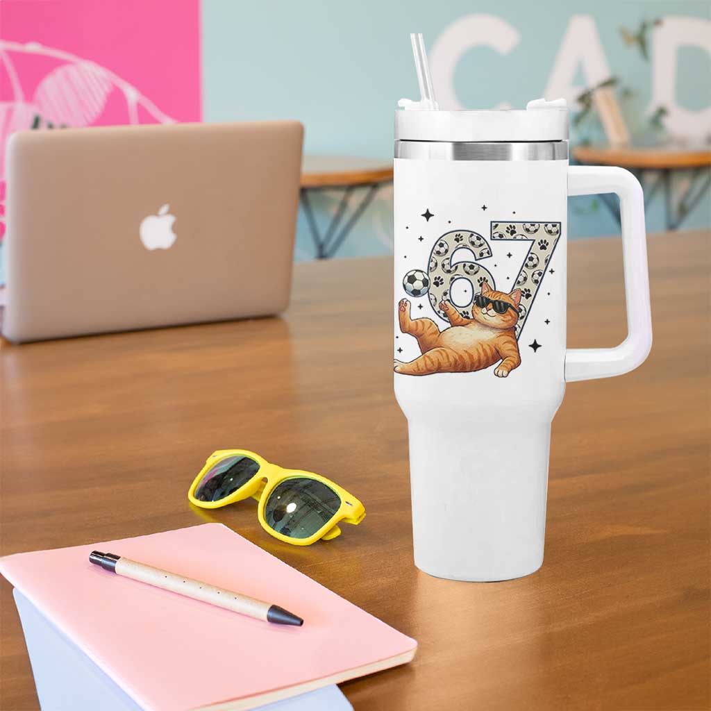 Funny Cat Playing Soccer Tumbler With Handle Six Seven Meme