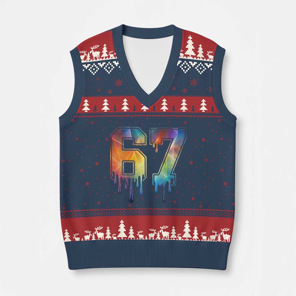 Funny Six Seven Prism Effect Printed Meme V-Neck Knit Sweater Vest