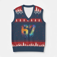 Funny Six Seven Prism Effect Printed Meme V-Neck Knit Sweater Vest
