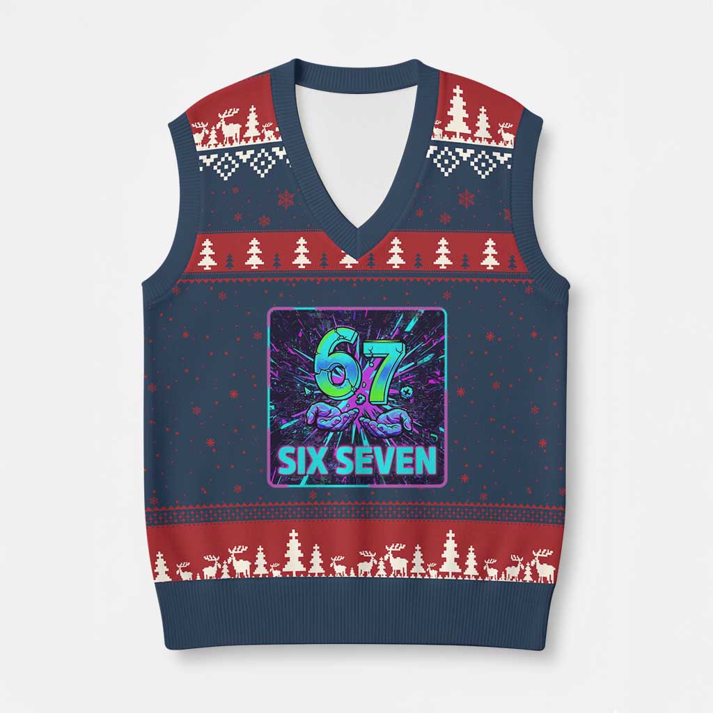 Funny Six Seven Meme V-Neck Knit Sweater Vest Cyberpunk Neon Style