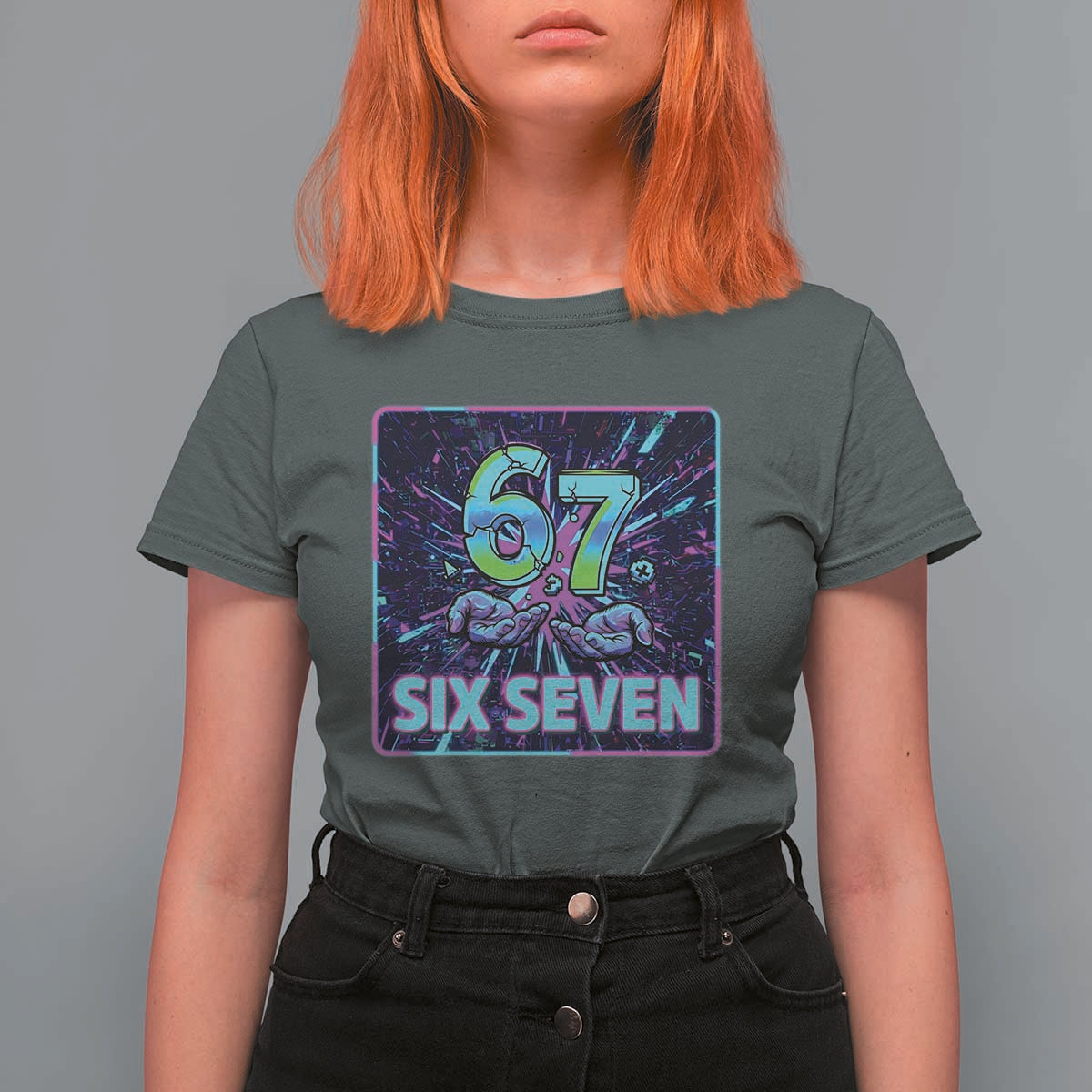 Funny Six Seven Meme T Shirt For Women Cyberpunk Neon Style