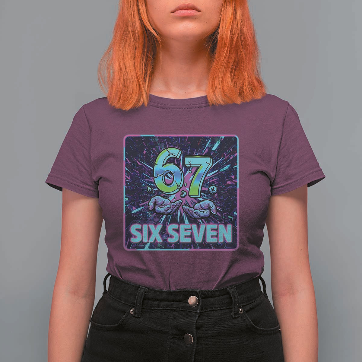 Funny Six Seven Meme T Shirt For Women Cyberpunk Neon Style
