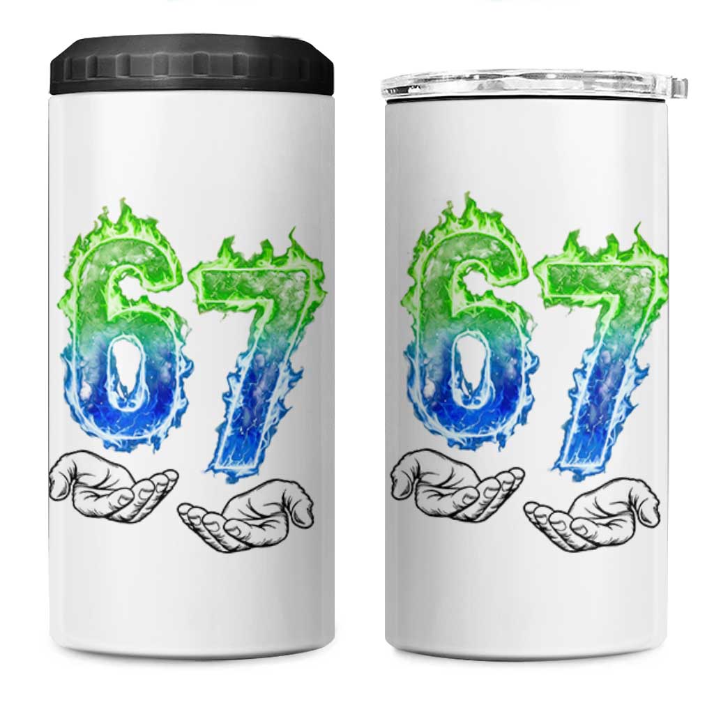 Green Fire Flame Six Seven 4 in 1 Can Cooler Tumbler Trendy Meme Gift