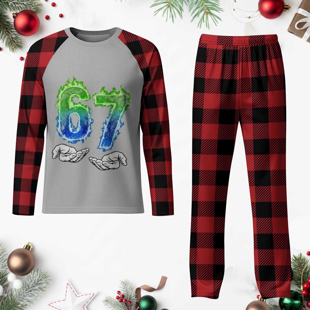 Green Fire Flame Six Seven Plaid Pajama Set Trendy Meme Gift