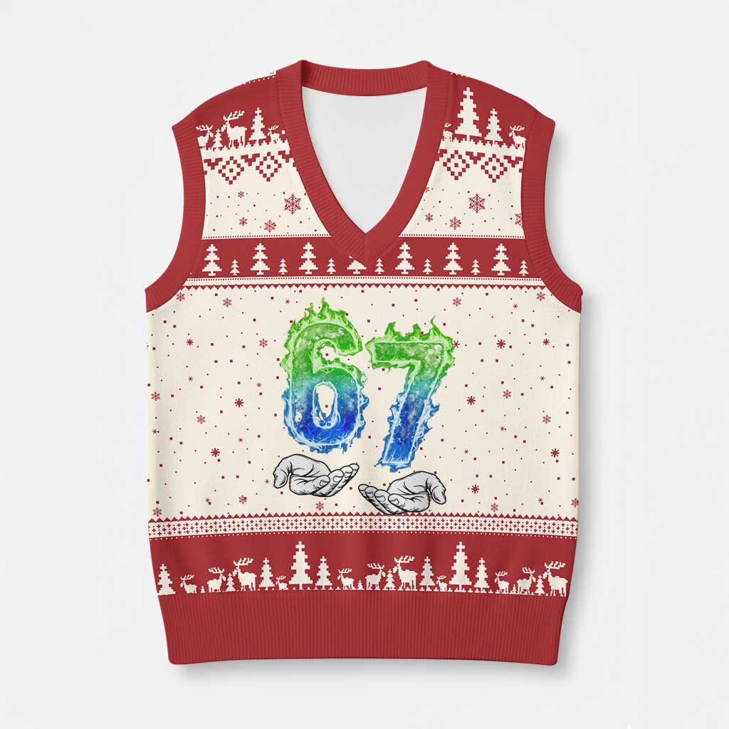 Green Fire Flame Six Seven V-Neck Knit Sweater Vest Trendy Meme Gift