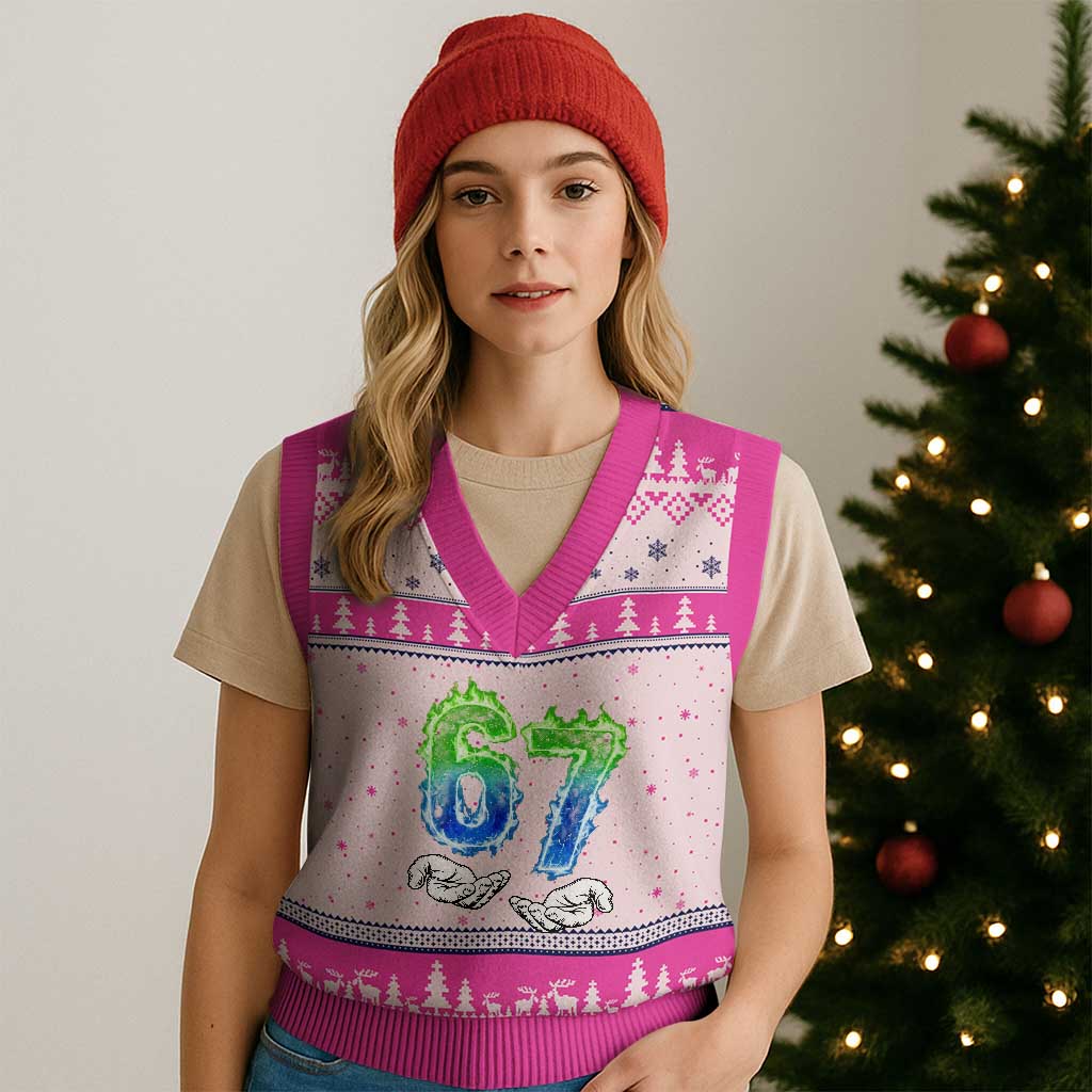 Green Fire Flame Six Seven V-Neck Knit Sweater Vest Trendy Meme Gift