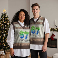 Green Fire Flame Six Seven V-Neck Knit Sweater Vest Trendy Meme Gift