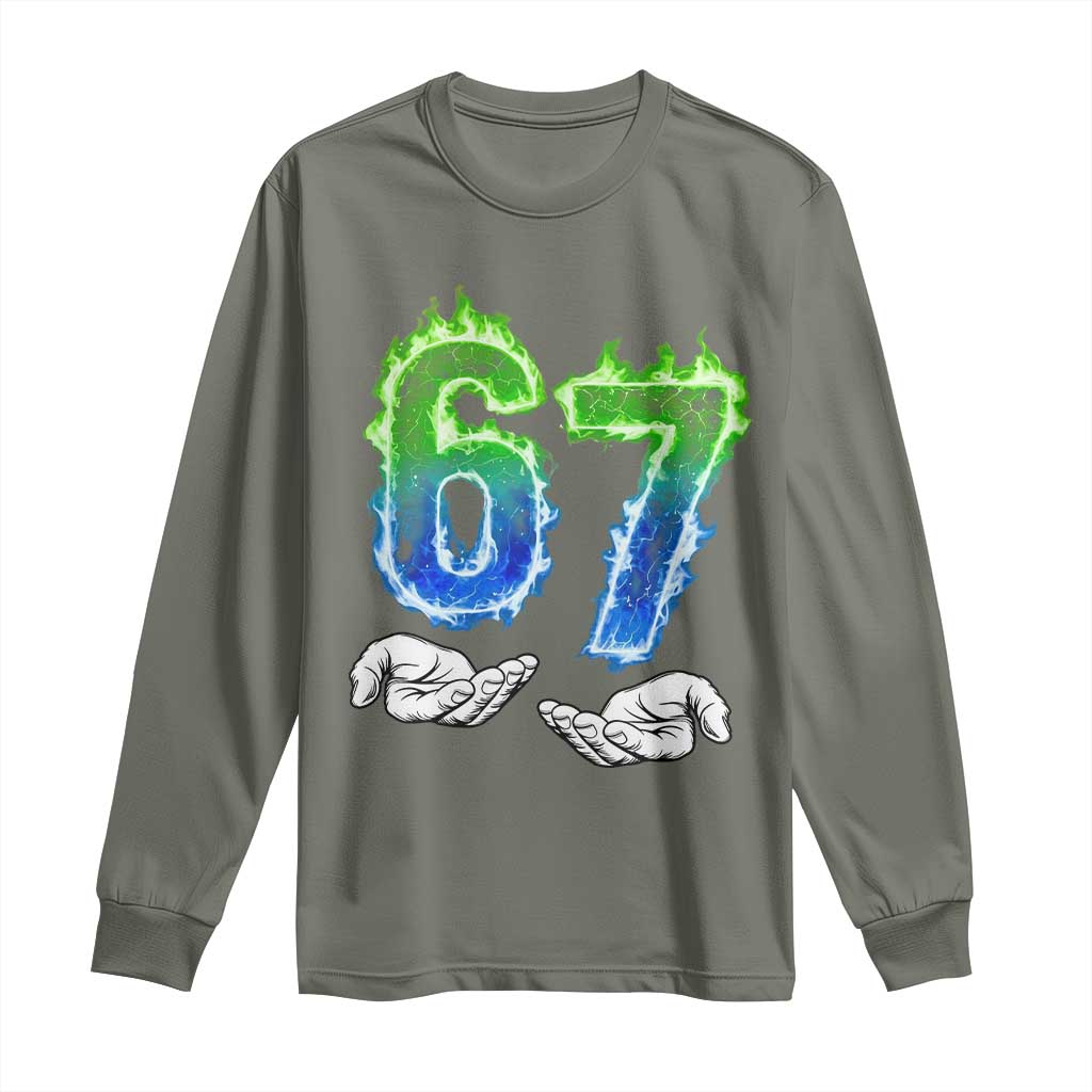 Green Fire Flame Six Seven Long Sleeve Shirt Trendy Meme Gift