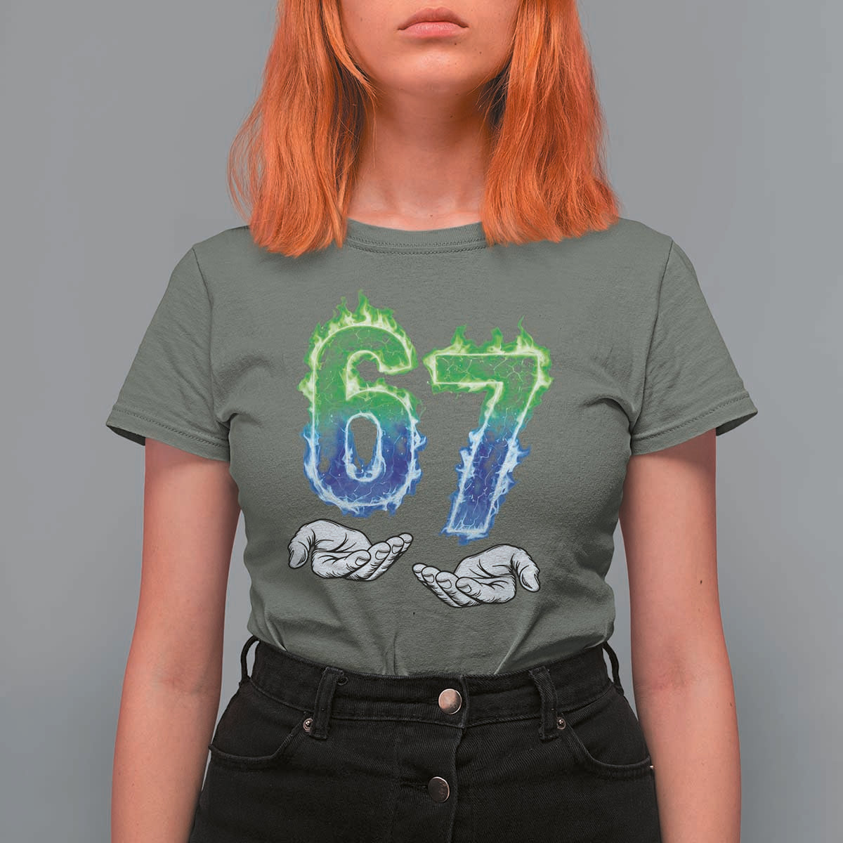 Green Fire Flame Six Seven T Shirt For Women Trendy Meme Gift