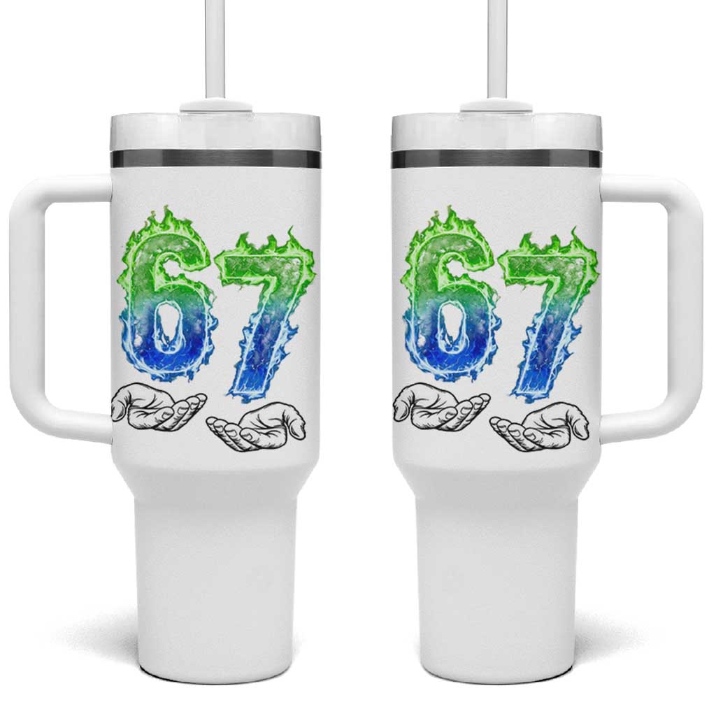 Green Fire Flame Six Seven Tumbler With Handle Trendy Meme Gift