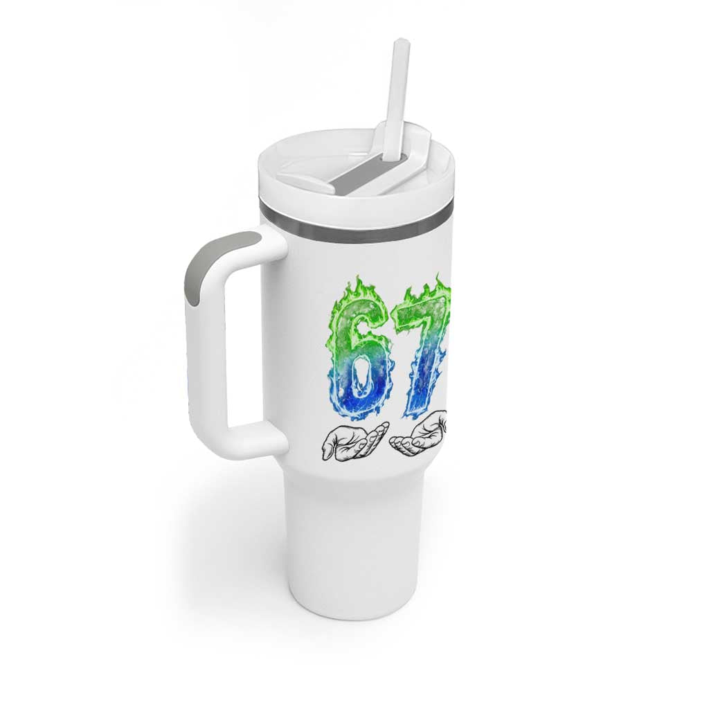 Green Fire Flame Six Seven Tumbler With Handle Trendy Meme Gift