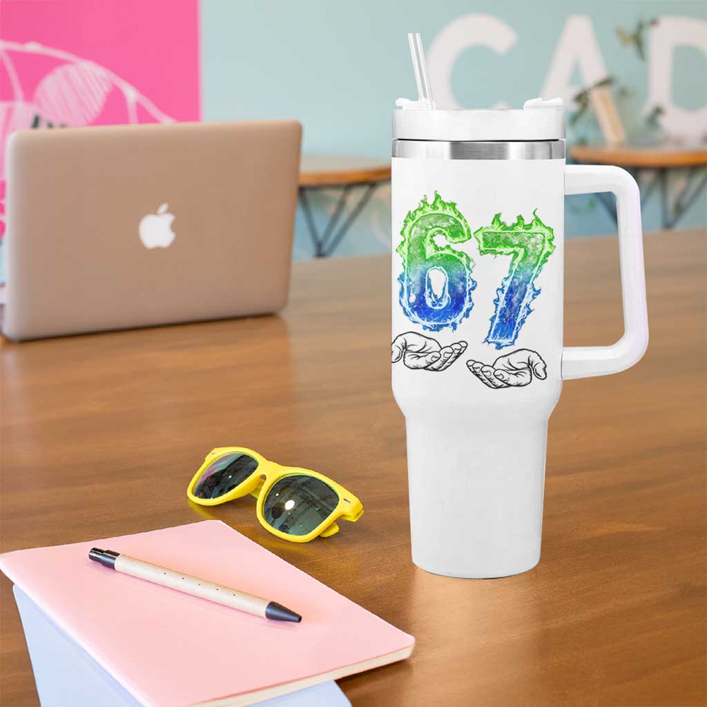 Green Fire Flame Six Seven Tumbler With Handle Trendy Meme Gift
