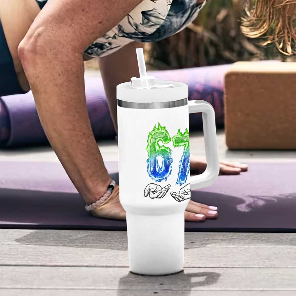 Green Fire Flame Six Seven Tumbler With Handle Trendy Meme Gift