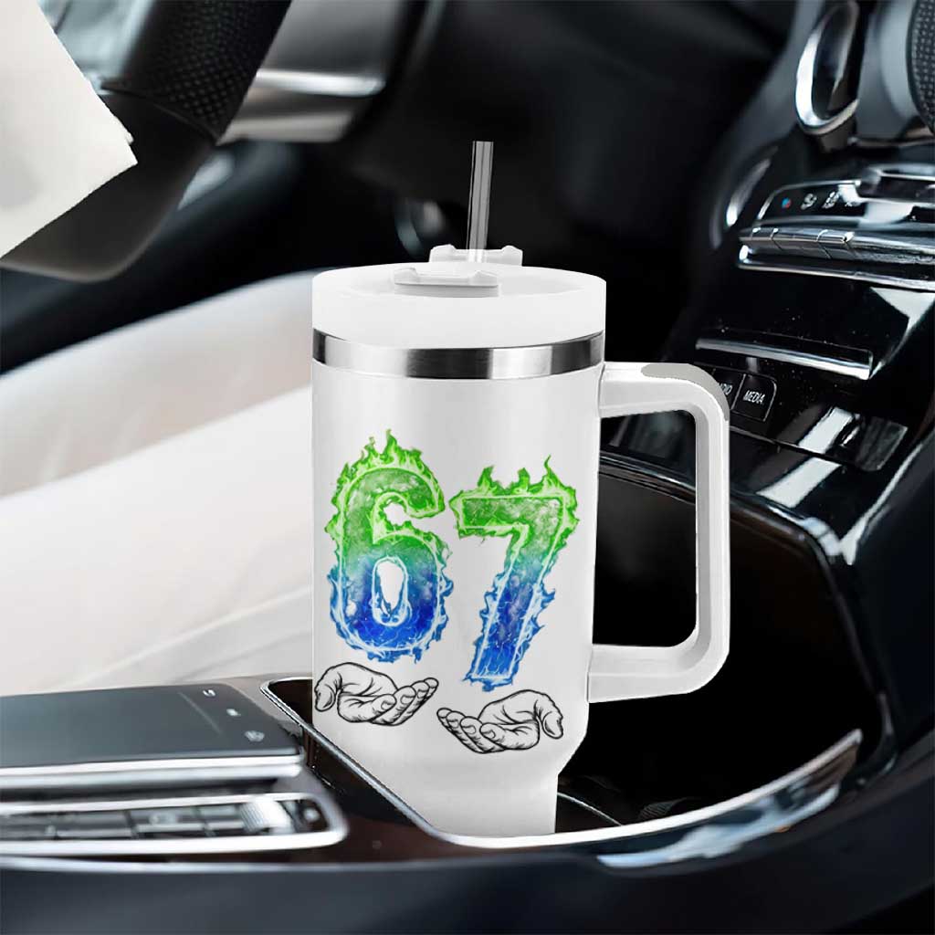 Green Fire Flame Six Seven Tumbler With Handle Trendy Meme Gift