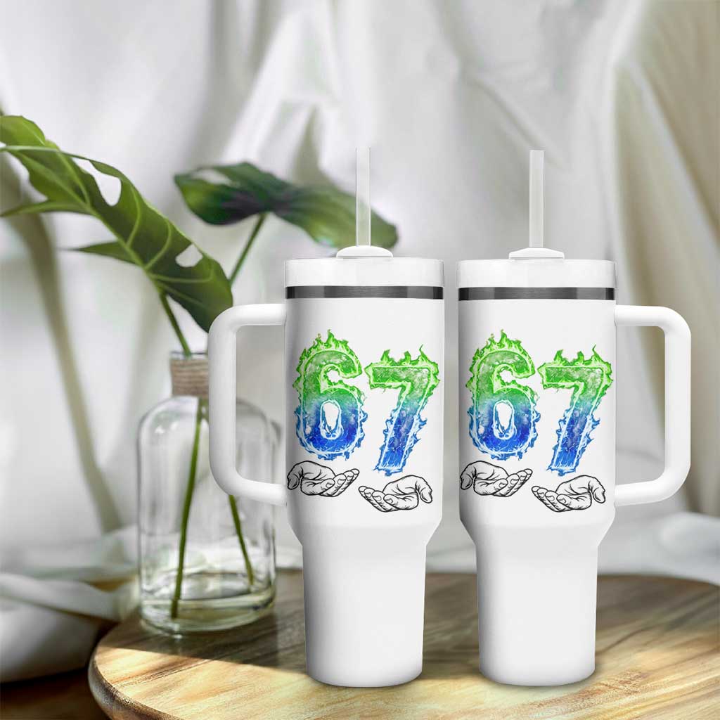 Green Fire Flame Six Seven Tumbler With Handle Trendy Meme Gift