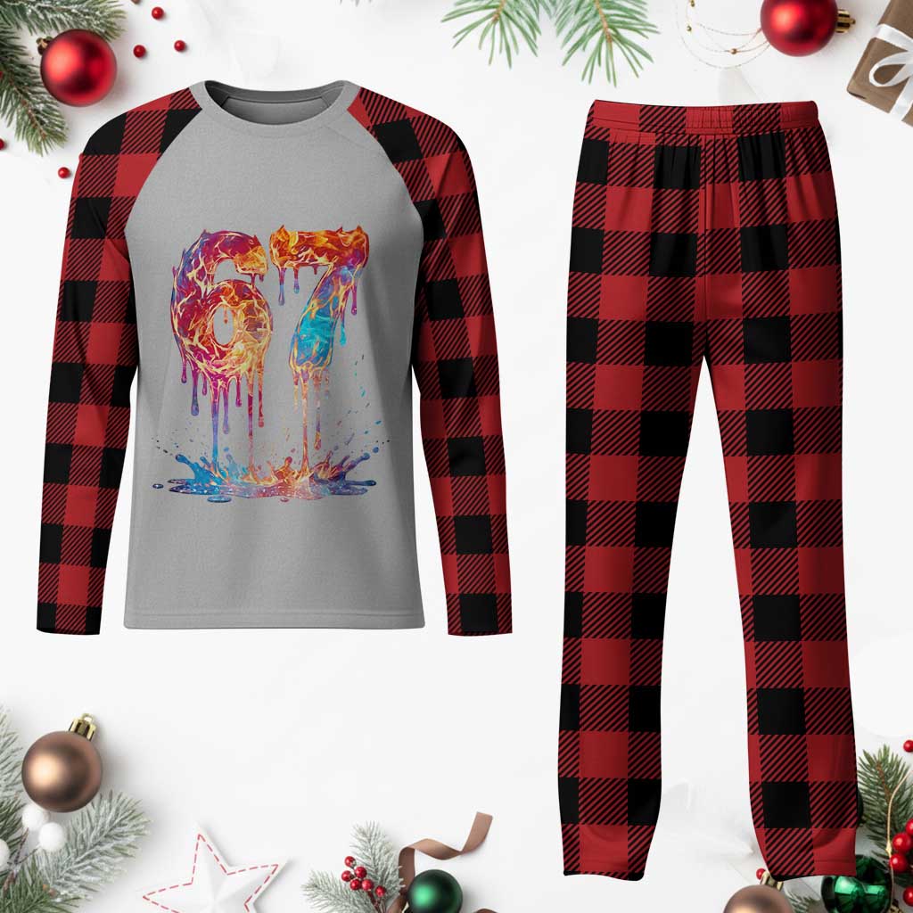 Burning Six Seven Plaid Pajama Set Drip Fire Flame Meme