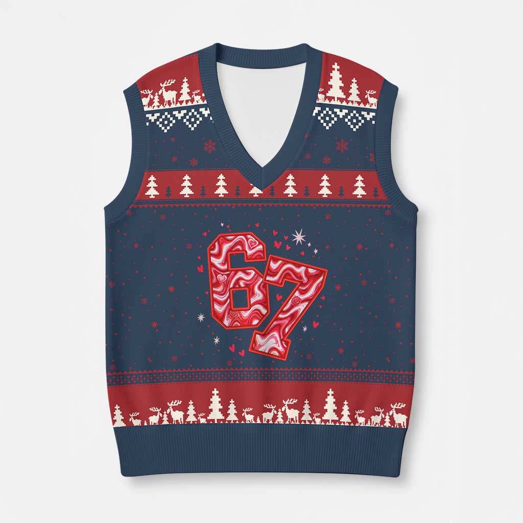 Glitch Swirl Effect Printed Six Seven Meme V-Neck Knit Sweater Vest Valentines Day Gift