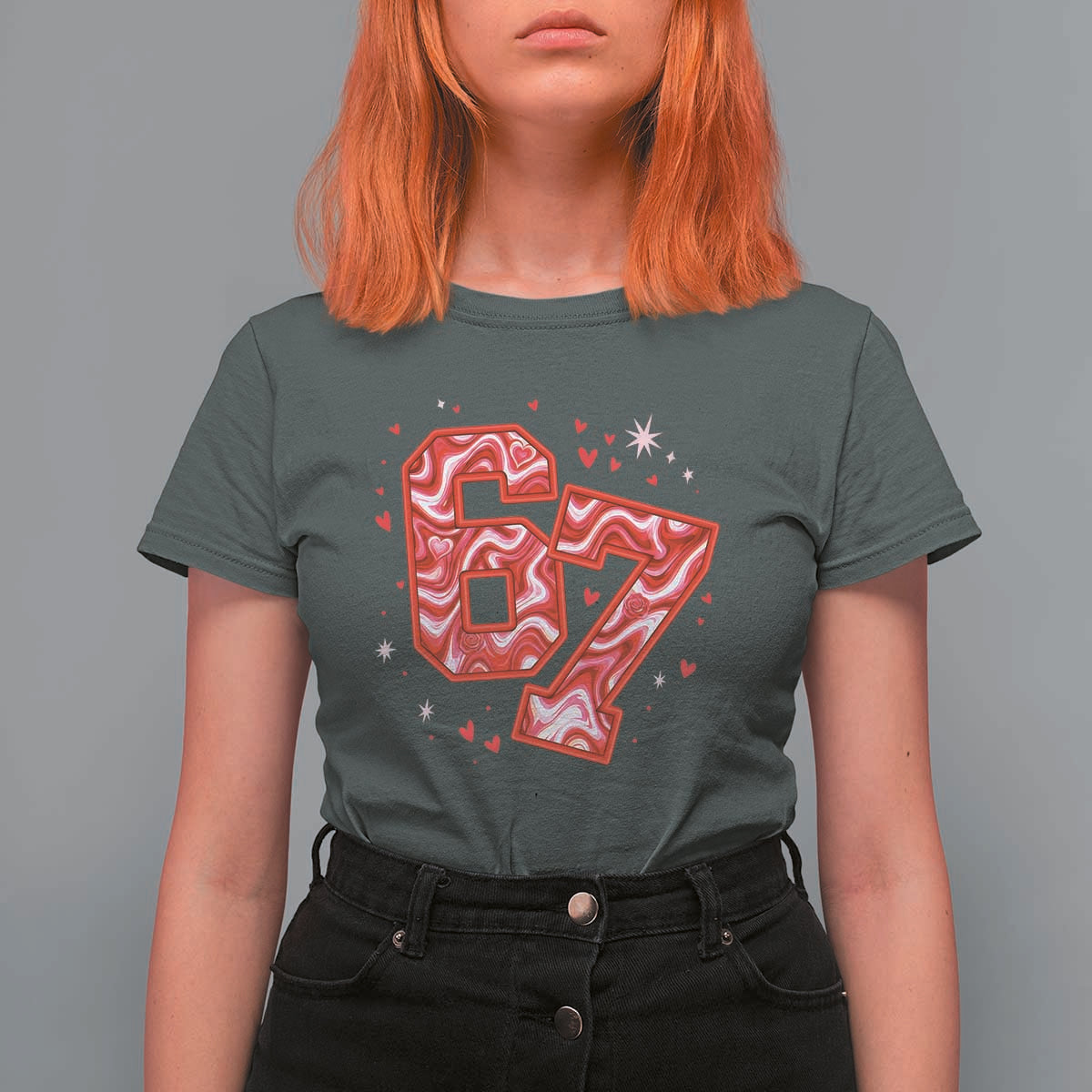 Glitch Swirl Effect Printed Six Seven Meme T Shirt For Women Valentines Day Gift