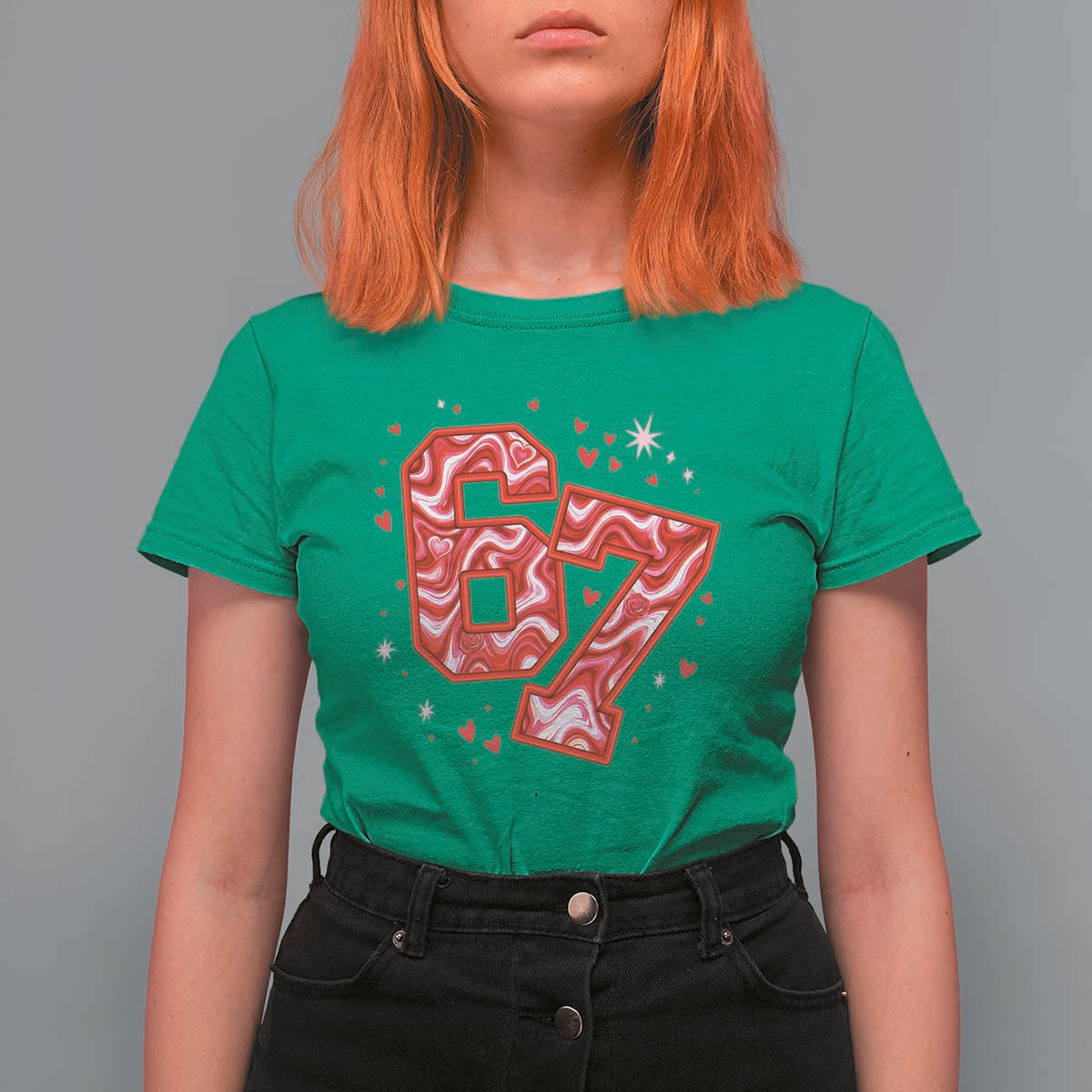 Glitch Swirl Effect Printed Six Seven Meme T Shirt For Women Valentines Day Gift
