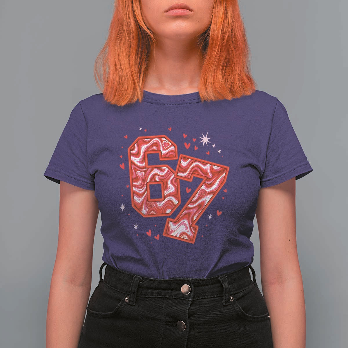 Glitch Swirl Effect Printed Six Seven Meme T Shirt For Women Valentines Day Gift