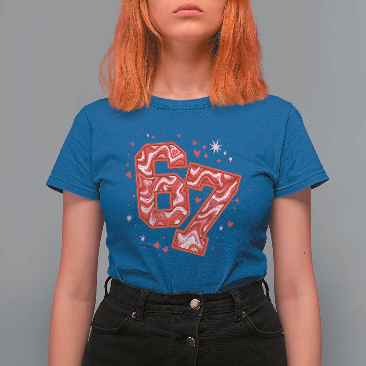 Glitch Swirl Effect Printed Six Seven Meme T Shirt For Women Valentines Day Gift