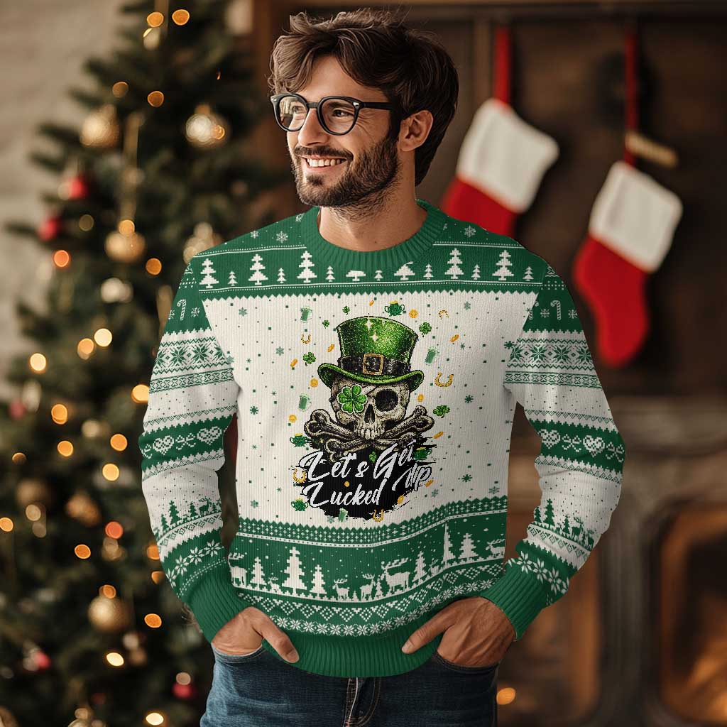 Lets Get Lucked Up Ugly Christmas Sweater Lucky Skeleton St Patricks Day