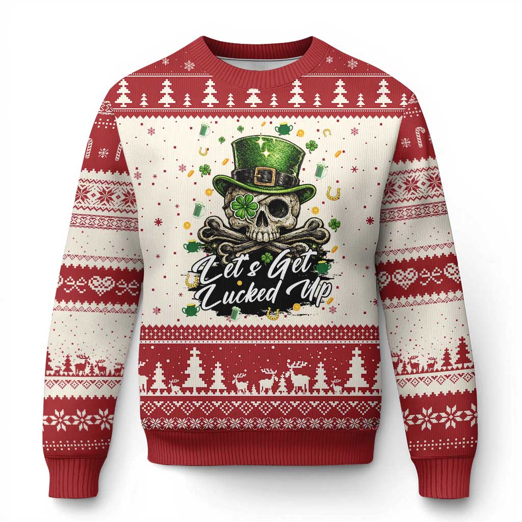 Lets Get Lucked Up Ugly Christmas Sweater Lucky Skeleton St Patricks Day