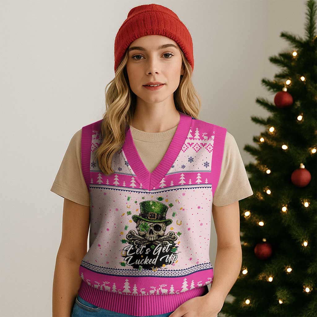 Lets Get Lucked Up V-Neck Knit Sweater Vest Lucky Skeleton St Patricks Day