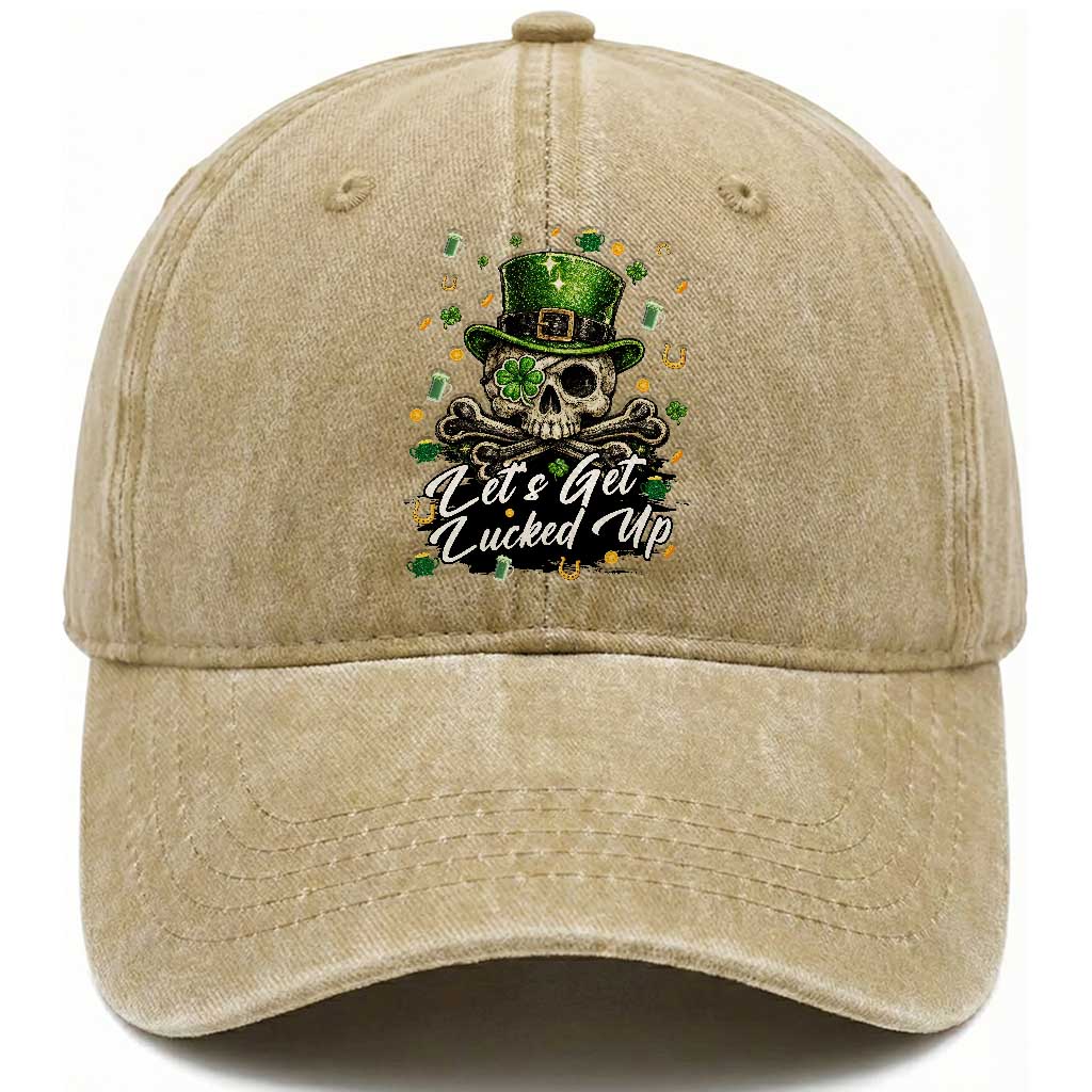 Lets Get Lucked Up Washed Cotton Baseball Cap Lucky Skeleton St Patricks Day