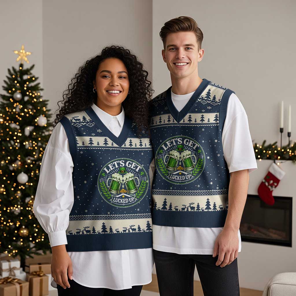 Lets Get Lucked Up V-Neck Knit Sweater Vest Funny Saint Patricks Day Lucky Drinking