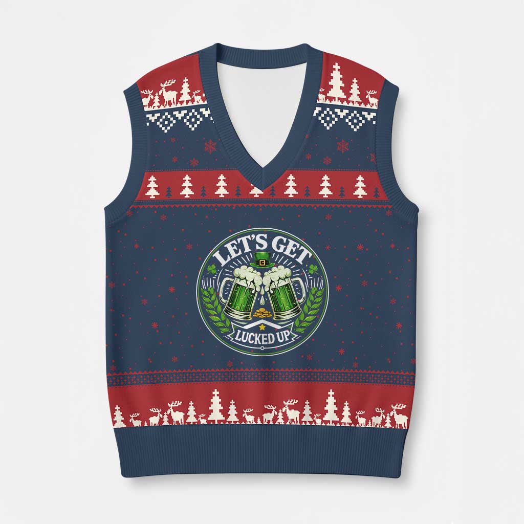 Lets Get Lucked Up V-Neck Knit Sweater Vest Funny Saint Patricks Day Lucky Drinking