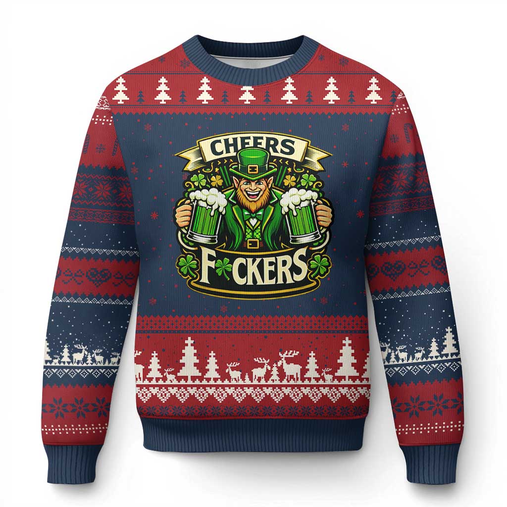Cheers Fckers Ugly Christmas Sweater Funny Leprechaun St Patricks Day Party