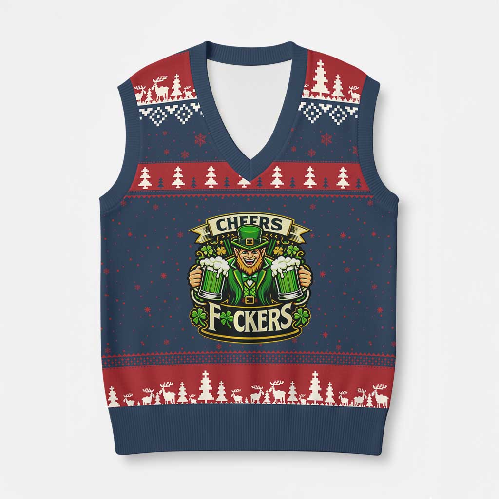 Cheers Fckers V-Neck Knit Sweater Vest Funny Leprechaun St Patricks Day Party