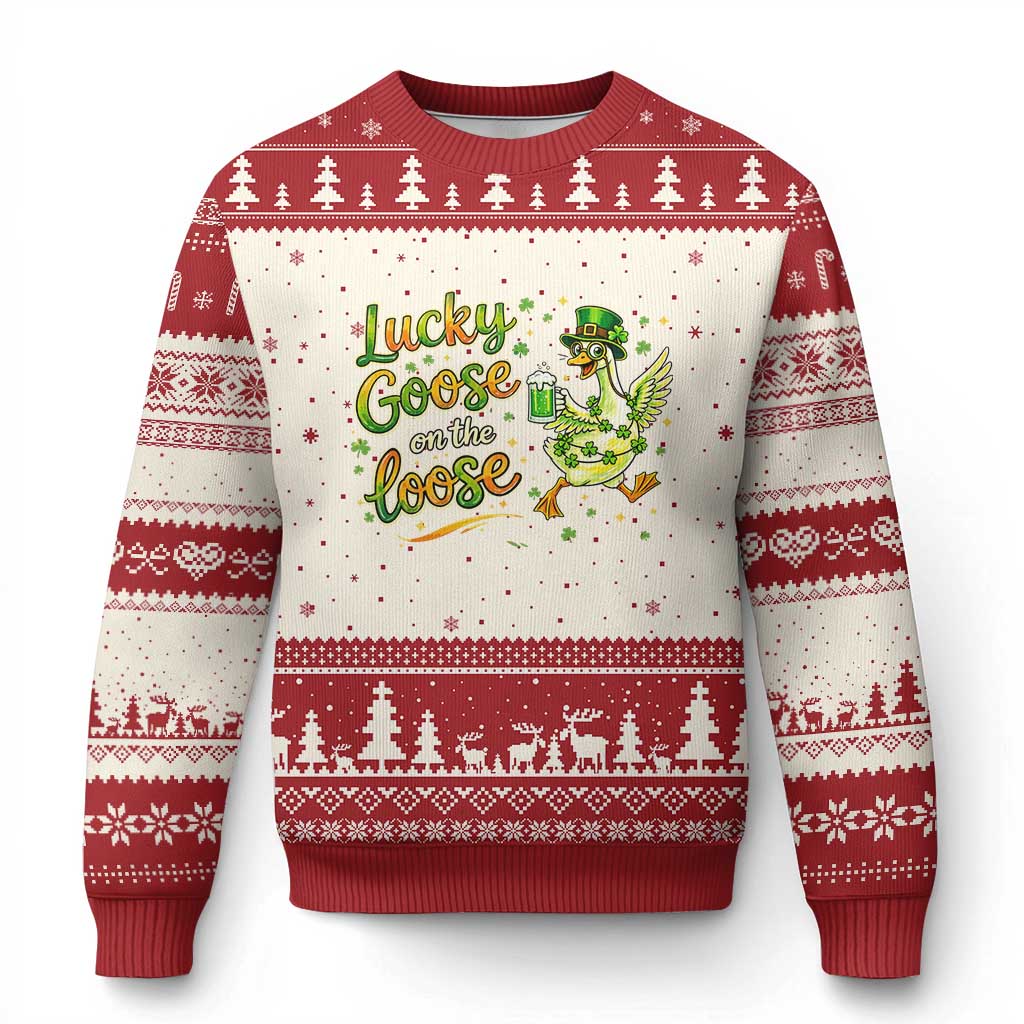 Retro Clover Duck Ugly Christmas Sweater Lucky Goose On The Loose