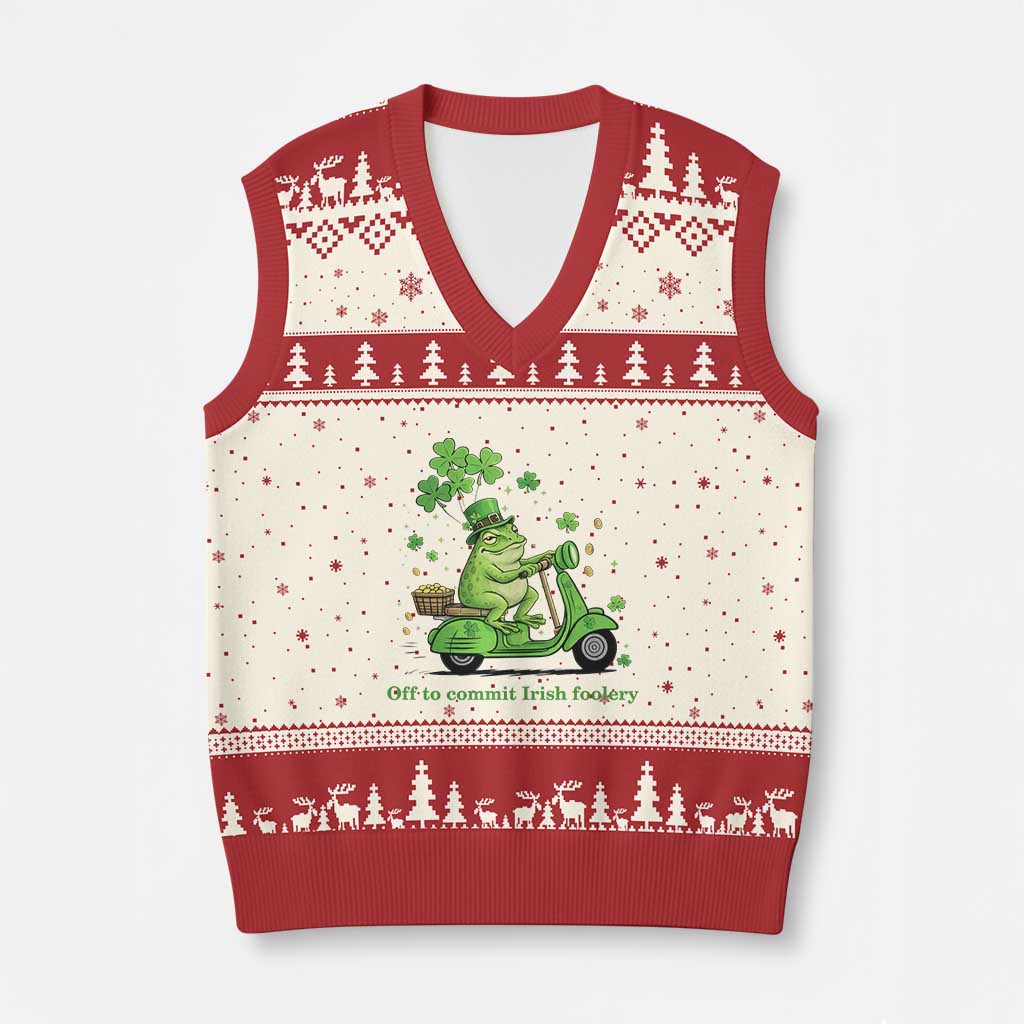 Funny Irish Frog Off To Commit Foolery V-Neck Knit Sweater Vest St Patricks Day Gift