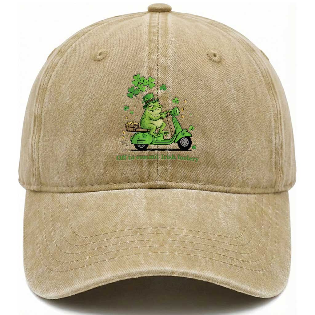 Funny Irish Frog Off To Commit Foolery Washed Cotton Baseball Cap St Patricks Day Gift