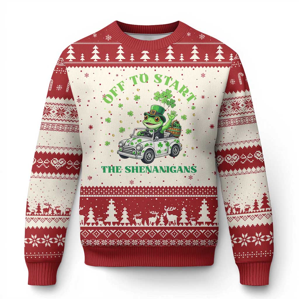 Off To Start The Shenanigans Ugly Christmas Sweater St Patricks Day Frog