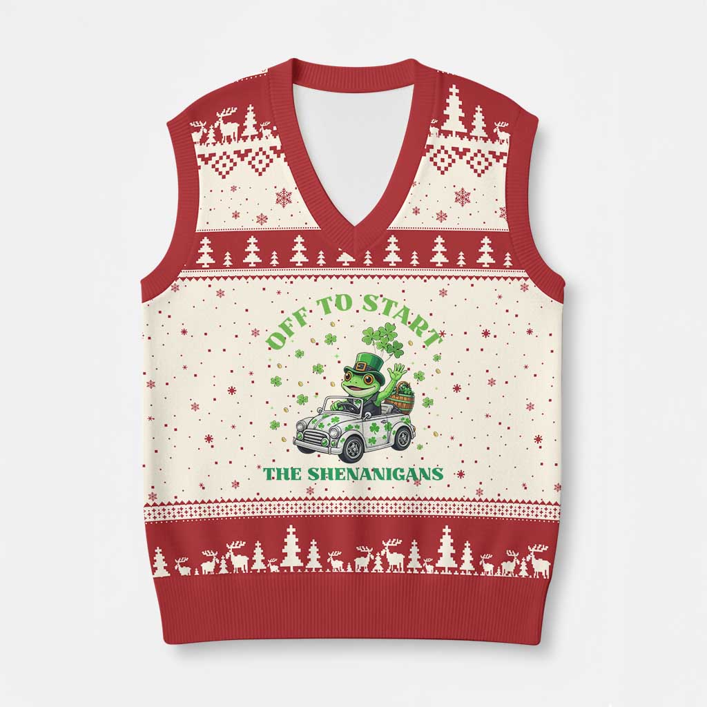 Off To Start The Shenanigans V-Neck Knit Sweater Vest St Patricks Day Frog