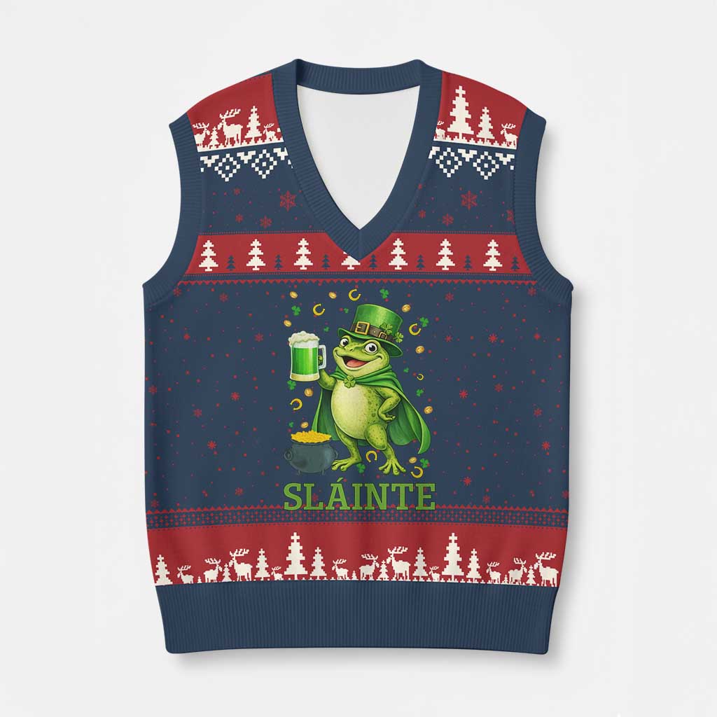 Funny Slainte Irish Frog Beer St Patricks Day V-Neck Knit Sweater Vest