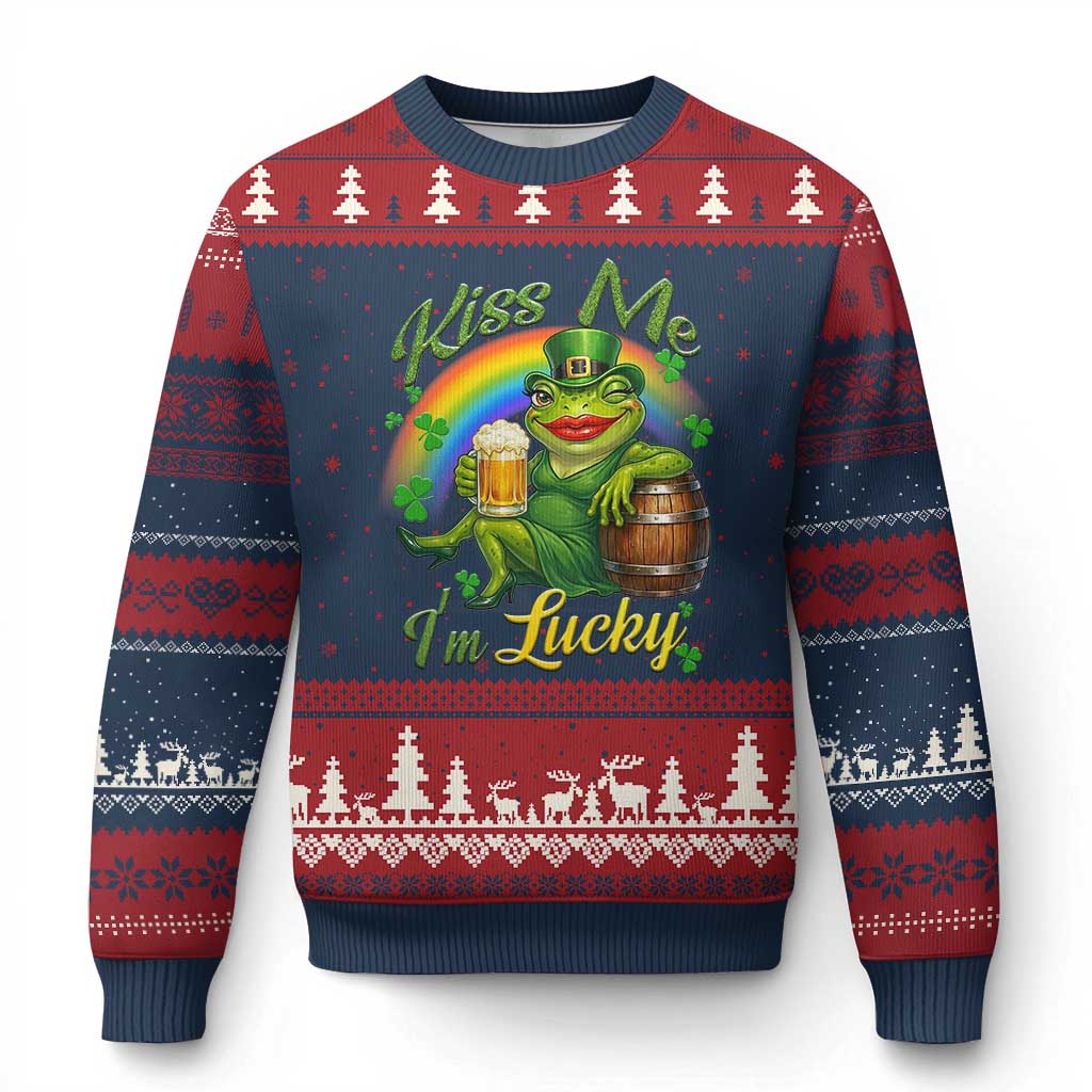 Funny Kiss Me I Am Lucky Ugly Christmas Sweater St Patricks Day Frog
