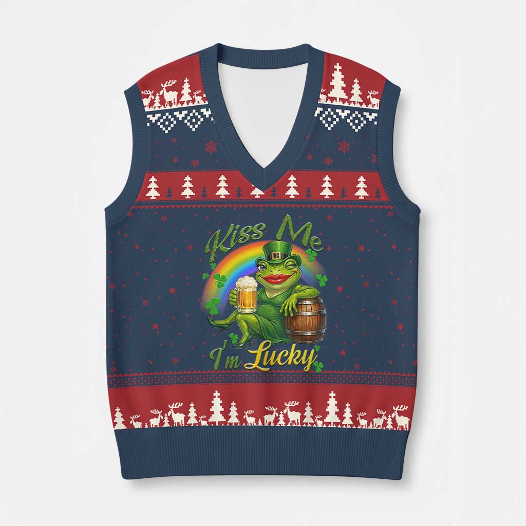 Funny Kiss Me I Am Lucky V-Neck Knit Sweater Vest St Patricks Day Frog