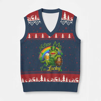 Funny Kiss Me I Am Lucky V-Neck Knit Sweater Vest St Patricks Day Frog