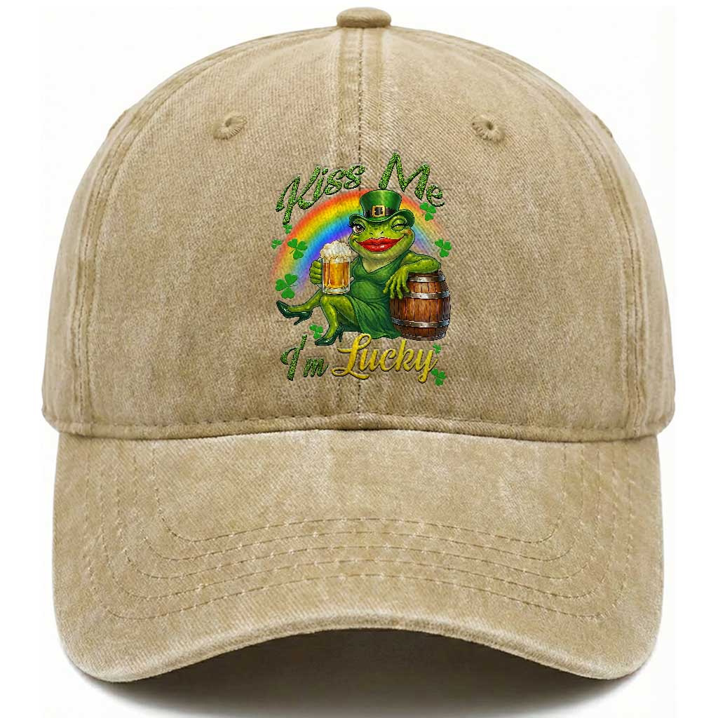 Funny Kiss Me I Am Lucky Washed Cotton Baseball Cap St Patricks Day Frog